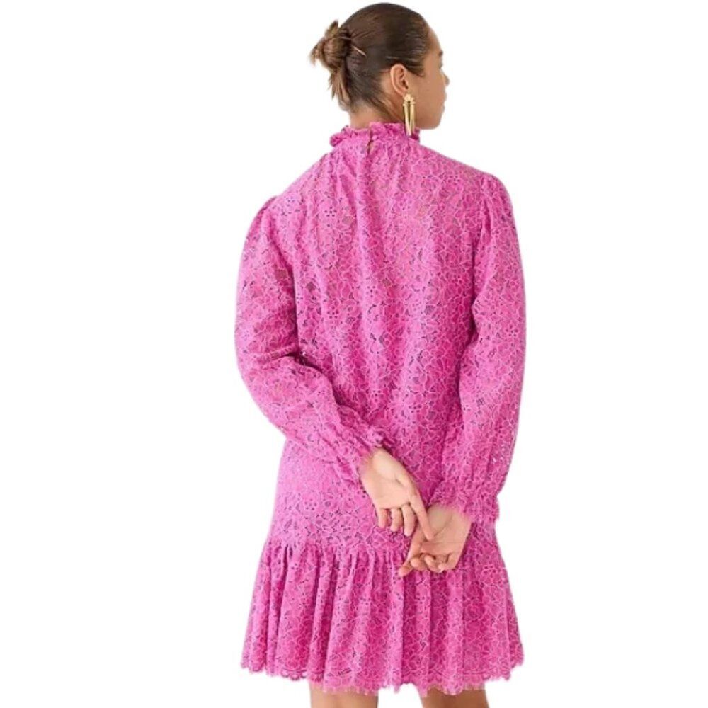 NWOT J Crew Ruffleneck Long Sleeve Lace Dress Hot Pink - Small - Picture 2 of 12